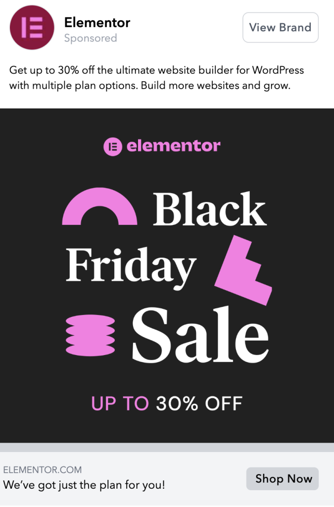 Black Friday Facebook ad Elementor
